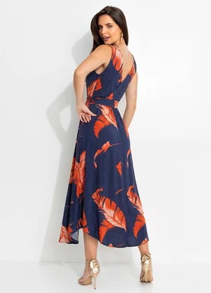 Quintess - Vestido Folhagem Marinho em Malha de Viscose - QUINTESS