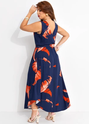 Quintess - Vestido Folhagem Marinho em Malha de Viscose - QUINTESS