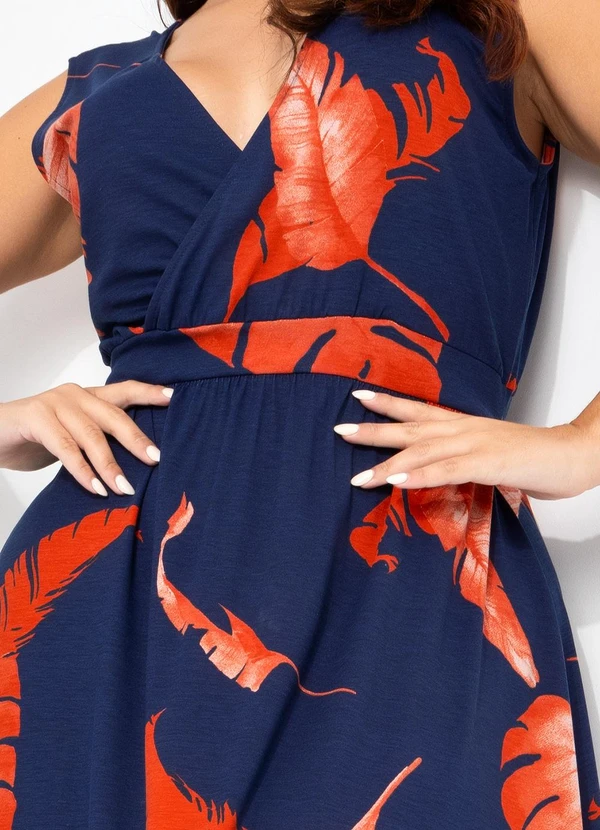 Quintess - Vestido Folhagem Marinho em Malha de Viscose