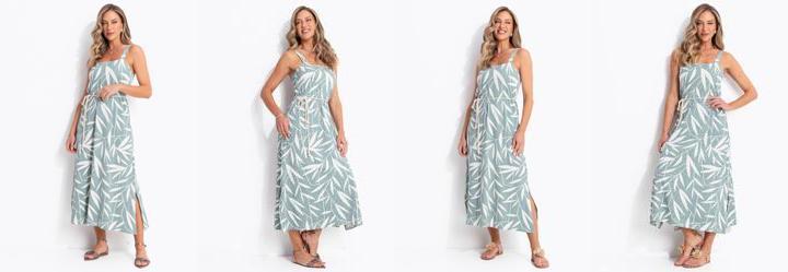 Vestido Midi Al�as Largas Folhagem Menta em Malha de Viscose com Fenda