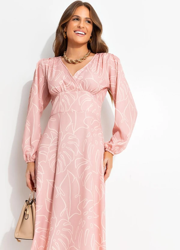 Quintess - Vestido Longuete Alfaiataria Rosa Estampado com Manga Bufante 4