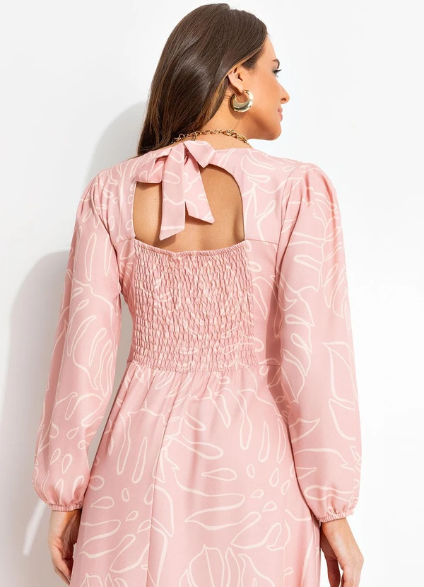 Quintess - Vestido Longuete Alfaiataria Rosa Estampado com Manga Bufante