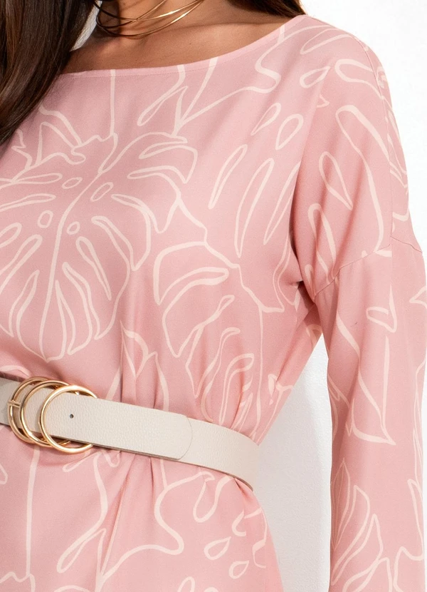 Quintess - Vestido Folhagem Rosa em Alfaiataria Sarjada