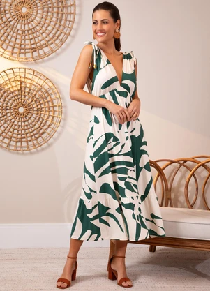 Quintess - Vestido Folhagem Verde em Malha de Viscose - QUINTESS