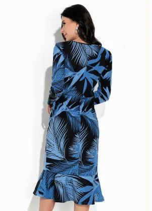 Rosalie - Vestido Folhas Azul com Babado - ROSALIE