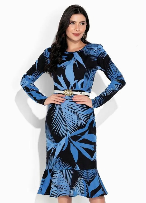 Rosalie - Vestido Folhas Azul com Babado