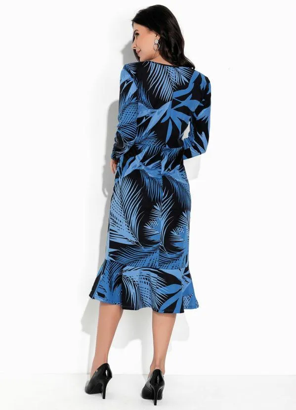 Rosalie - Vestido Folhas Azul com Babado 4