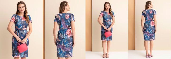 Vestido Folhas Marinho com Faixa