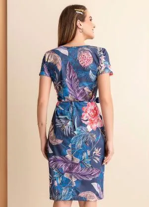 Rosalie - Vestido Folhas Marinho com Faixa - ROSALIE