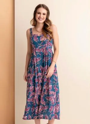 Rosalie - Vestido Folhas Marinho Decote V - ROSALIE