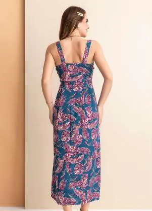 Rosalie - Vestido Folhas Marinho Decote V - ROSALIE