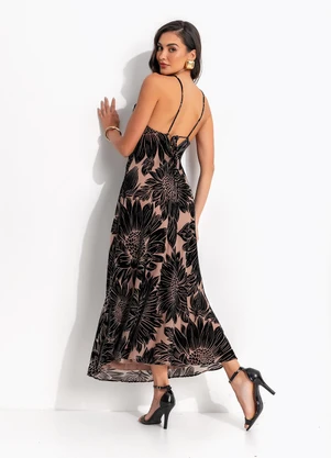 Farm - Vestido Frente Unica Devore Lia Flor Marrom - FARM