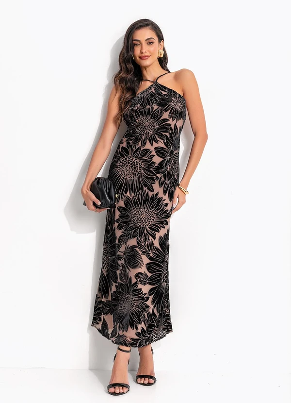 Farm - Vestido Frente Unica Devore Lia Flor Marrom