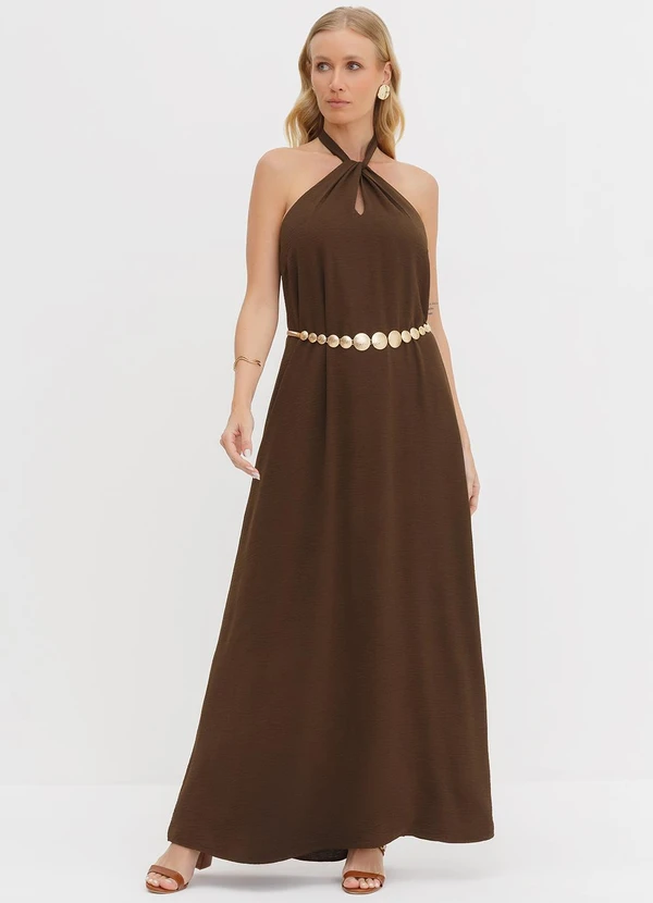 Principessa - Vestido Frente Única Longo em Crepe Marrom Patrizia 1