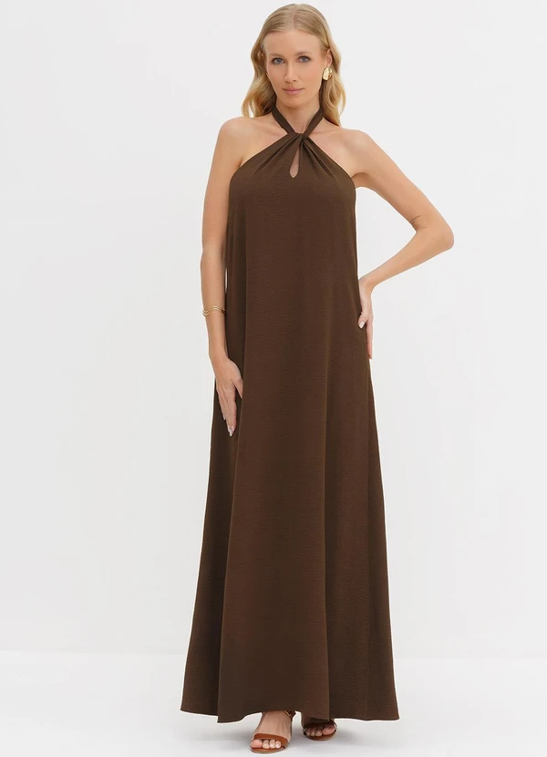 Principessa - Vestido Frente Única Longo em Crepe Marrom Patrizia 2