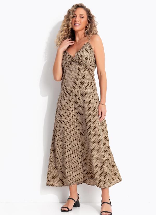 Vestido Geom�trico Bege em Crepe Plano