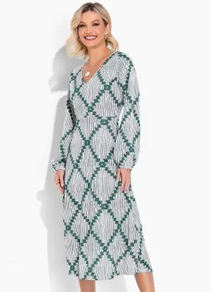 Moda Pop - Vestido Geométrico Branco  com Mangas Bufantes - MODA POP