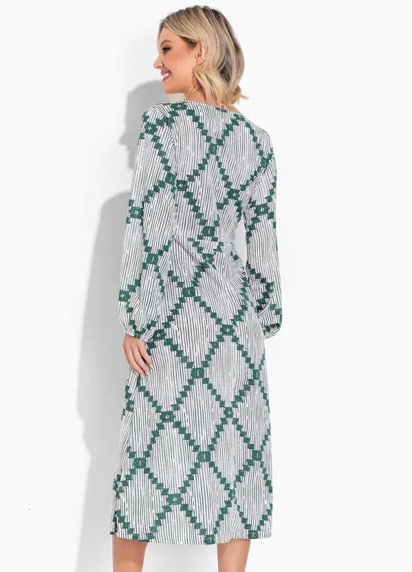 Moda Pop - Vestido Geométrico Branco  com Mangas Bufantes 2