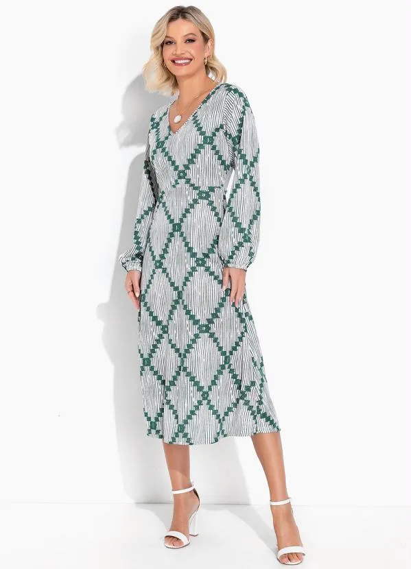 Moda Pop - Vestido Geométrico Branco  com Mangas Bufantes 3