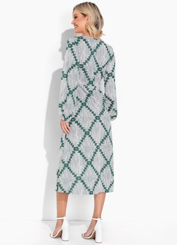 Moda Pop - Vestido Geométrico Branco  com Mangas Bufantes 4