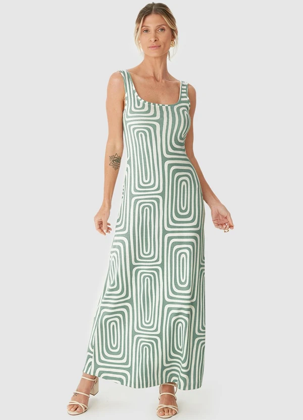 Malwee - Vestido Geométrico Mídi Evasê Linho Verde Água