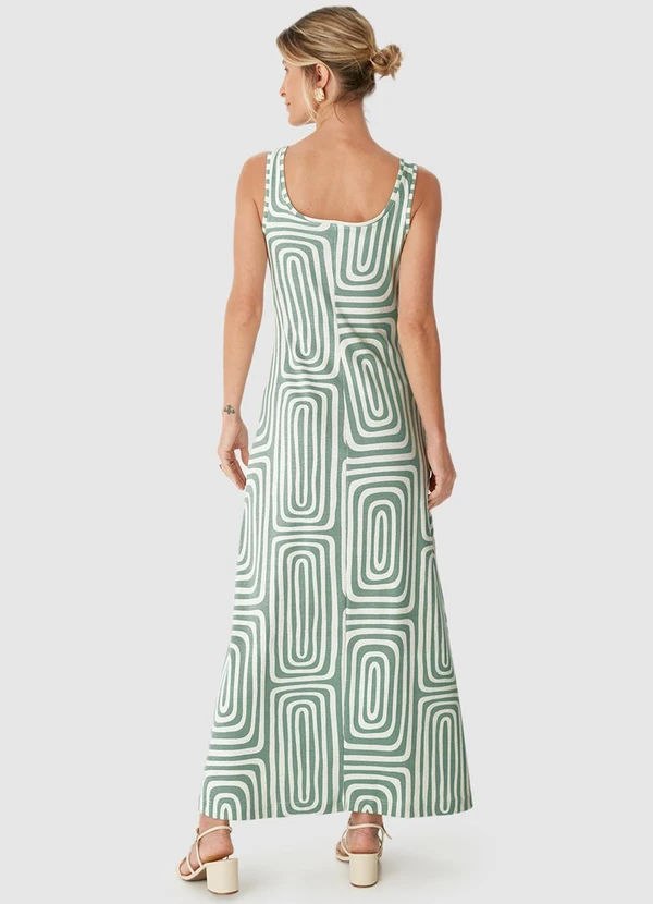 Malwee - Vestido Geométrico Mídi Evasê Linho Verde Água 2