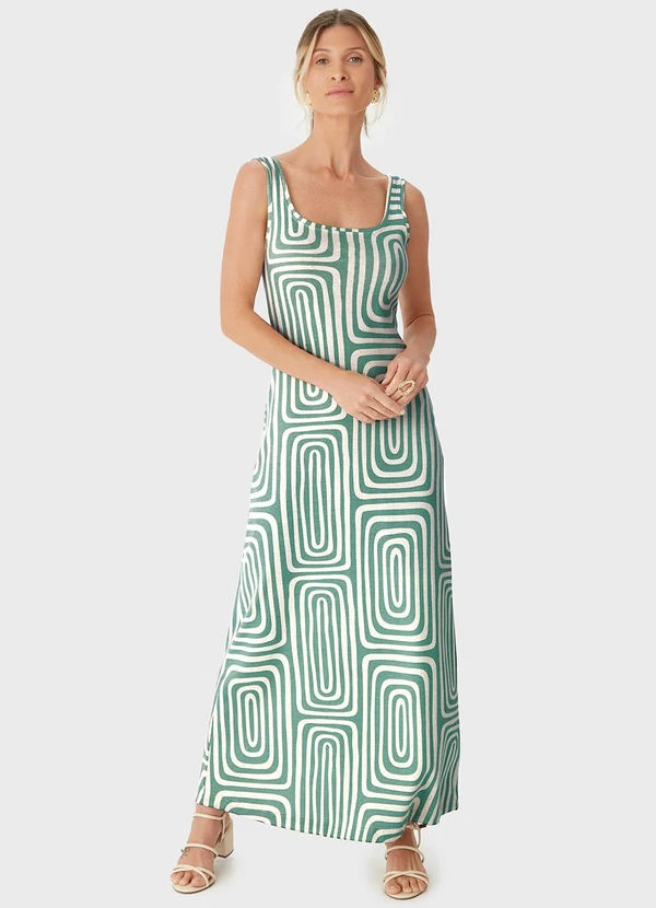 Malwee - Vestido Geométrico Mídi Evasê Linho Verde Água 3