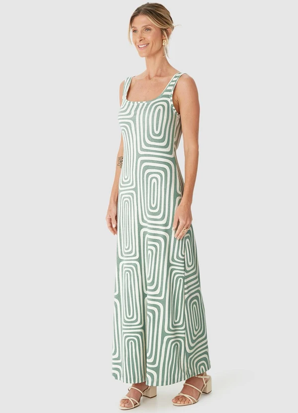Malwee - Vestido Geométrico Mídi Evasê Linho Verde Água 4