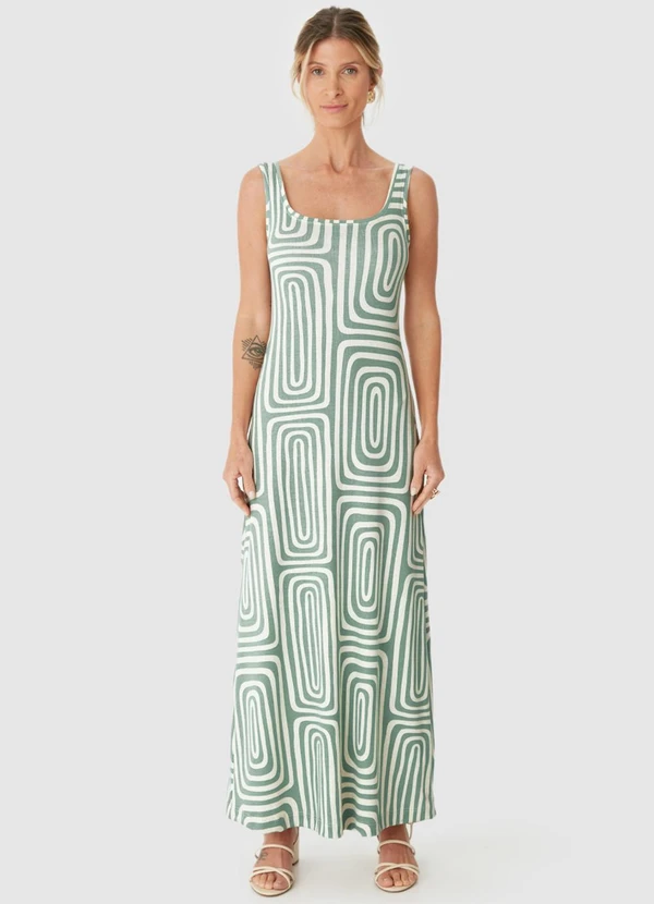 Malwee - Vestido Geométrico Mídi Evasê Linho Verde Água 5