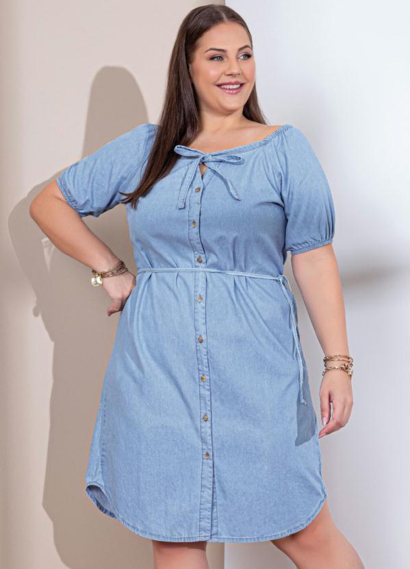 Quintess - Vestido Jeans Claro Decote Ciganinha com Botões 5