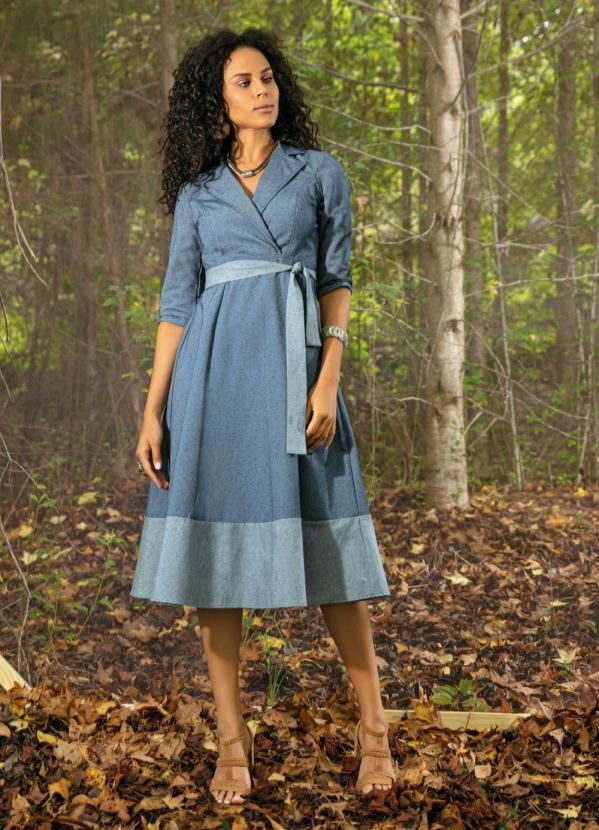 Quintess - Vestido Jeans Color com Gola e Mangas 3/4