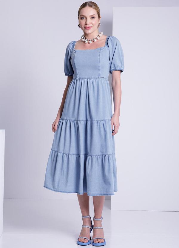 Lunender - Vestido Jeans Midi com Manga Curta Bufante Azul