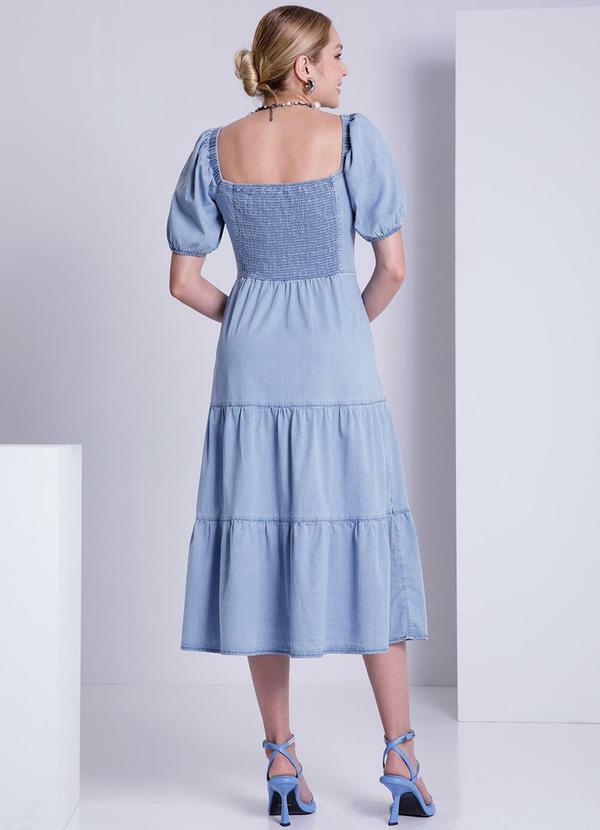 Lunender - Vestido Jeans Midi com Manga Curta Bufante Azul 2