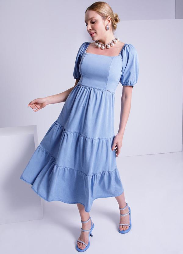 Lunender - Vestido Jeans Midi com Manga Curta Bufante Azul 3