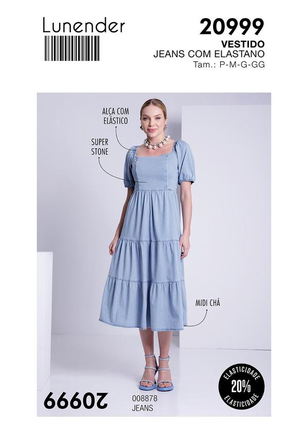 Lunender - Vestido Jeans Midi com Manga Curta Bufante Azul 4