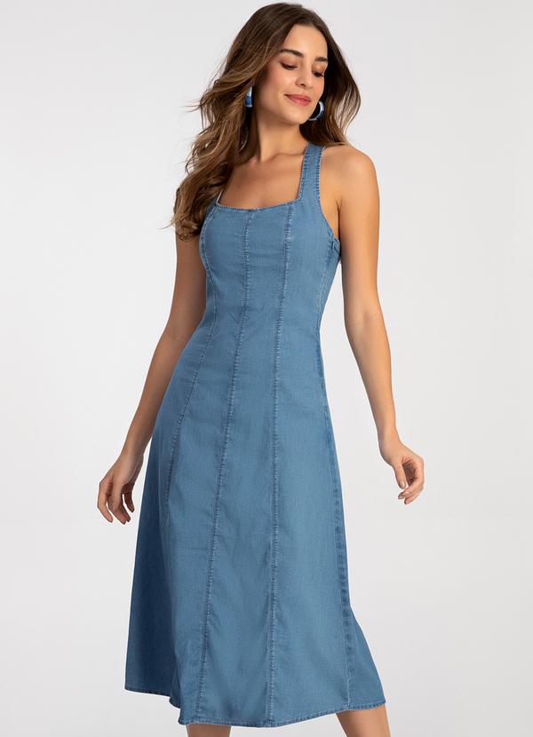 Lunender - Vestido Jeans Midi com Recortes Jeans