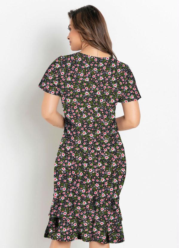 Rosalie - Vestido Justo Floral Preto Moda Evangélica 2