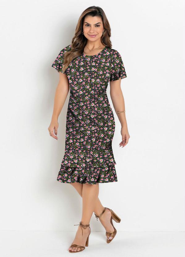 Rosalie - Vestido Justo Floral Preto Moda Evangélica 4