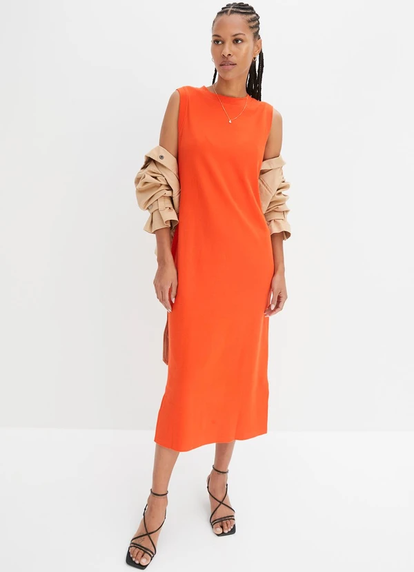 bonprix - Vestido Laranja em Malha de Algodão Penteado
