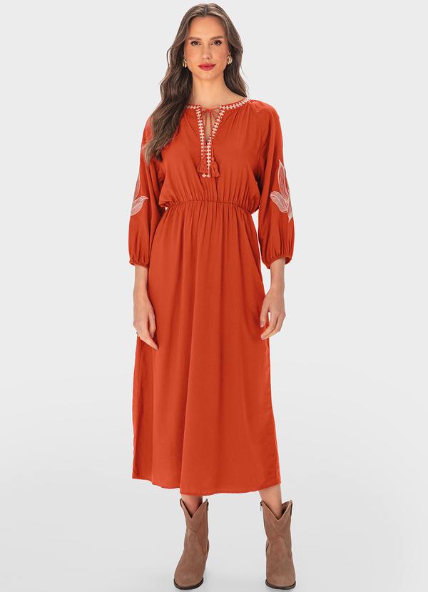 Malwee - Vestido Laranja Mídi Amplo com Bordado