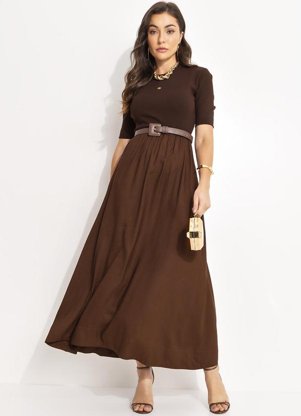 Colcci - Vestido Linho Detalhe Canelado Marrom