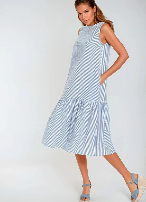bonprix - Vestido Listra Azul em Tricoline