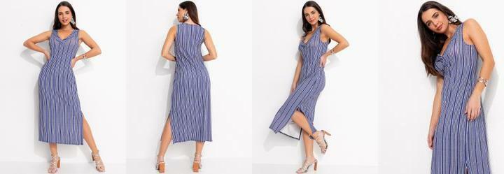 Vestido Listrado Azul em Malha de Viscose