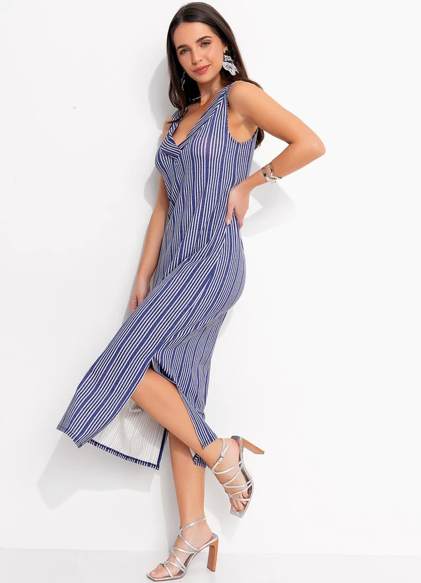 Quintess - Vestido Listrado Azul em Malha de Viscose 3