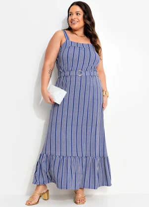 Quintess - Vestido Listrado Azul em Malha de Viscose - QUINTESS