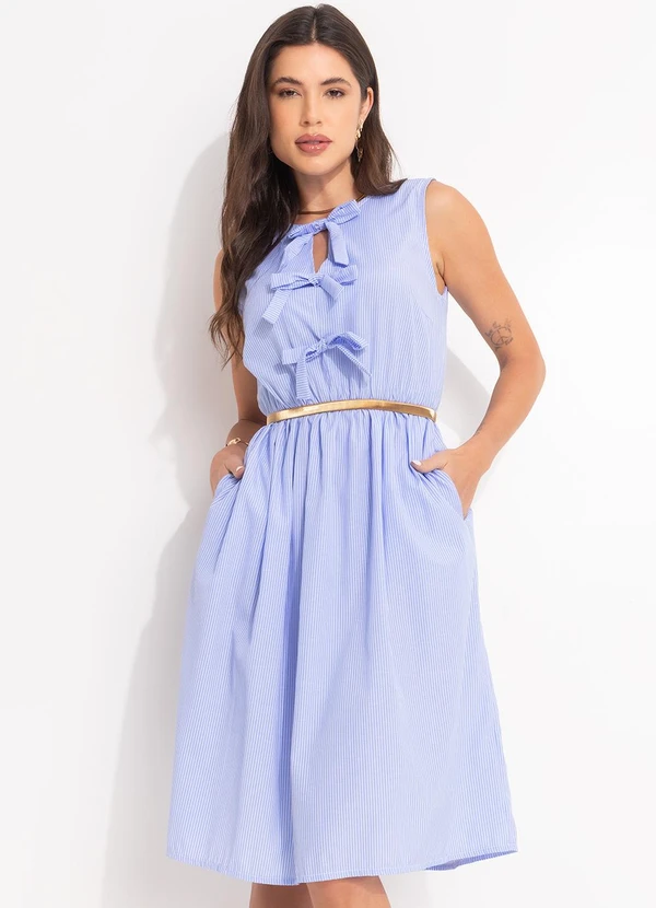 Quintess Vestido Listrado Azul em Tricoline