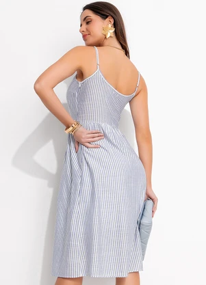 Quintess - Vestido Listrado Azul em Tricoline - QUINTESS