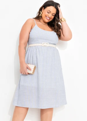 Quintess - Vestido Listrado Azul em Tricoline - QUINTESS