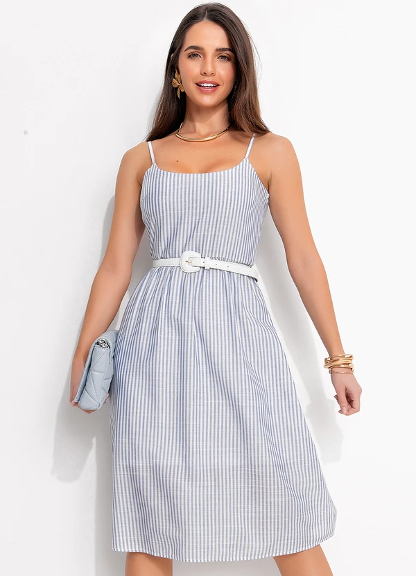 Quintess Vestido Listrado Azul em Tricoline
