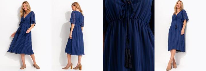 Vestido Midi Listrado Azul em Voil com Amarra��o e Estilo Boho